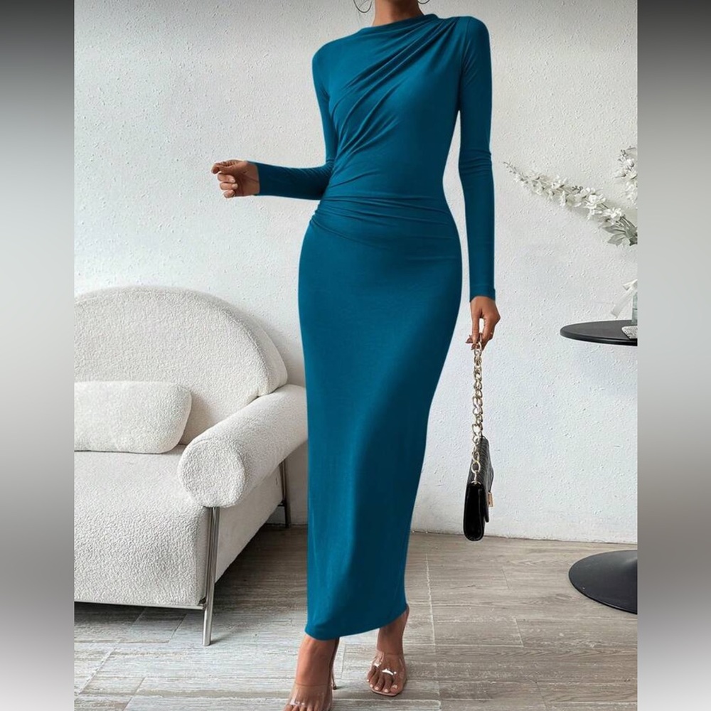 Elegant Teal Blue Long Sleeve Bodycon Maxi Dress